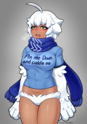 Rule 34 | 1girl, ahoge, animal hands, artist name, blue scarf, blue shirt, blush, breasts, breath, clothes writing, commentary, commission, cowboy shot, dark-skinned female, dark skin, english commentary, english text, frenchthenhen, fuck-me shirt, fur, green eyes, grey background, highres, looking away, medium breasts, meme attire, monster girl encyclopedia, no pants, open mouth, pin me down and fuck my tits, scarf, shirt, short hair, short sleeves, simple background, solo, thighs, trembling, wavy mouth, white fur, white hair, yeti (monster girl encyclopedia)