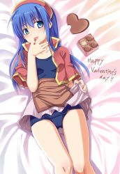 Rule 34 | 1girl, apron, bed, bed sheet, blue eyes, blue hair, blush, box, box of chocolates, breasts, cameltoe, candy, chocolate, chocolate heart, clothes lift, eating, fire emblem, fire emblem: the binding blade, food, happy valentine, headdress, heart, highres, jacket, knees together feet apart, legs together, licking, licking finger, lilina (fire emblem), long hair, lying, matching hair/eyes, medium breasts, nintendo, on back, on bed, one-piece swimsuit, pink skirt, red jacket, school swimsuit, sexually suggestive, skirt, skirt lift, solo, swimsuit, swimsuit under clothes, text focus, tongue, tongue out, valentine, yuki (sumaburalove)