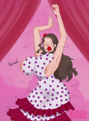 Rule 34 | 1girl, areola slip, armpits, arms up, breast slip, breasts, brown hair, cleavage, closed eyes, curvy, dancing, dress, earrings, flower, frilled dress, frills, hair flower, hair ornament, highres, hip focus, huge breasts, jewelry, joylewds, long dress, long hair, looking to the side, mouth hold, narrow waist, nipples, one piece, polka dot, polka dot dress, red flower, red rose, rose, simple background, solo, standing, sweat, viola (one piece)