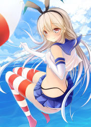 Rule 34 | 10s, 1girl, ass, black panties, blonde hair, bubble, cloud, crop top, day, elbow gloves, gloves, hairband, highres, kantai collection, long hair, looking at viewer, netarou, panties, personification, shimakaze (kancolle), skindentation, sky, smile, solo, striped clothes, striped thighhighs, thighhighs, underwear, white gloves