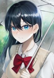 Rule 34 | 1girl, :|, absurdres, beige sweater vest, black hair, blue eyes, blurry, blurry background, bow, bowtie, brown sweater vest, closed mouth, collarbone, collared shirt, commentary, day, ffflilil, hair between eyes, highres, holding, holding umbrella, light blush, long hair, looking at viewer, original, outdoors, rain, red bow, red bowtie, shirt, short sleeves, signature, solo, sweater vest, symbol-only commentary, transparent, transparent umbrella, umbrella, upper body, white shirt, wing collar