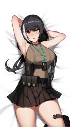 Rule 34 | 1girl, absurdres, armpits, arms up, bare legs, black hair, black skirt, blush, breasts, cero (last2stage), commission, girls&#039; frontline, heterochromia, highres, lanyard, large breasts, long hair, long sleeves, looking at viewer, lying, miniskirt, mod3 (girls&#039; frontline), multicolored hair, on back, parted lips, red eyes, ro635 (girls&#039; frontline), ro635 (mod3) (girls&#039; frontline), skirt, sleeveless, sleeveless sweater, solo, streaked hair, sweater, weapon, white hair, yellow eyes