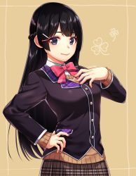 Rule 34 | 1girl, bad id, bad pixiv id, black hair, black jacket, blush, bow, bowtie, braid, breasts, brown skirt, buttons, closed mouth, clover, french braid, hair ornament, hairclip, hand on own chest, hand on own hip, highres, jacket, long hair, long sleeves, looking at viewer, medium breasts, nijisanji, pink bow, pink bowtie, plaid, plaid skirt, purple eyes, sakura chiyo (konachi000), school uniform, skirt, smile, solo, standing, straight hair, tareme, tsukino mito, tsukino mito (1st costume), upper body, very long hair, virtual youtuber
