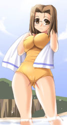Rule 34 | 00s, 1girl, adjusting hair, beach, blush, breast press, breasts, brown hair, cameltoe, casual one-piece swimsuit, cliff, cloud, curvy, day, covered erect nipples, glasses, impossible clothes, impossible swimsuit, kamichu!, large breasts, looking at viewer, one-piece swimsuit, orange eyes, outdoors, shijou mitsue, short hair, sky, smile, solo, splashing, standing, swimsuit, thighs, tonpuu, towel, towel around neck, wading, water, wide hips