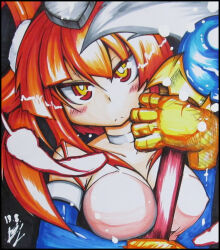 Rule 34 | 1girl, animal hands, blush, breasts, claws, cleavage, commentary request, duel monster, frown, furumeta, hair between eyes, hair rings, harpie channeler, harpy, highres, holding, large breasts, long hair, looking at viewer, monster girl, orange eyes, orange hair, shikishi, solo, staff, twintails, wings, yu-gi-oh!