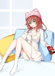 Rule 34 | 1girl, animal hat, ass, blush, breasts, brown hair, cleavage, collarbone, commentary request, copyright request, food, green eyes, hair between eyes, hat, highres, holding, in mouth, kinyoubi no nangong da, large breasts, long sleeves, looking at viewer, pillow, pocky, shirt, socks, solo, white shirt, white socks