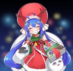 Rule 34 | 1girl, ^ ^, ahoge, antlers, bare shoulders, bell, blue hair, blurry, blurry background, blush, box, christmas lights, christmas present, closed eyes, dress, eel hat, fingerless gloves, fur-trimmed dress, fur-trimmed sleeves, fur trim, gift, giving, gloves, green scarf, grin, hat, holding, holding sack, horns, long hair, neck ribbon, otomachi una, reaching, reaching towards viewer, red dress, red gloves, red hat, reindeer antlers, ribbon, sack, santa costume, santa dress, scarf, shidoh279, smile, solo, talkex, twintails, upper body, very long hair, vocaloid