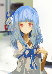 Rule 34 | 1girl, absurdres, blue hair, blue ribbon, blunt bangs, blurry, blurry background, closed mouth, commentary request, detached sleeves, dress, hair intakes, hair ribbon, hand up, highres, indoors, kabuyama kaigi, kotonoha aoi, light blush, long hair, looking at viewer, low-tied sidelocks, neck ribbon, raised eyebrows, red eyes, ribbon, sidelocks, sleeveless, sleeveless dress, solo, upper body, voiceroid, white dress, white sleeves, wide sleeves