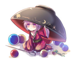 Rule 34 | 1girl, ball, bowl, frills, japanese clothes, kimono, long sleeves, looking at viewer, marble (toy), miracle mallet, needle, nga (ray ray), purple eyes, purple hair, short hair, simple background, solo, sukuna shinmyoumaru, touhou, white background, wide sleeves