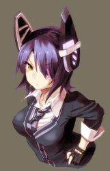 Rule 34 | 10s, 1girl, breasts, car6s, checkered clothes, checkered necktie, checkered neckwear, eyepatch, fingerless gloves, gloves, grey background, hand on own hip, headgear, kantai collection, looking at viewer, necktie, purple hair, short hair, simple background, solo, tenryuu (kancolle), upper body, yellow eyes
