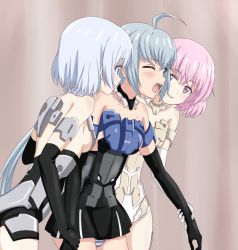 Rule 34 | 10s, 3girls, ahoge, bare shoulders, black gloves, blue hair, elbow gloves, frame arms girl, gloves, highres, long hair, materia (frame arms girl), materia kuro, materia shiro, multiple girls, one eye closed, open mouth, panties, pantyshot, pink eyes, pink hair, short hair, silver hair, sincos, standing, striped clothes, striped panties, stylet, underwear, very long hair, wince