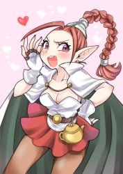 Rule 34 | 1girl, blush, braid, breasts, cape, chrono trigger, cleavage, earrings, fingerless gloves, flea (chrono trigger), gloves, highres, jewelry, liricolilium, long hair, looking at viewer, open mouth, pantyhose, pointy ears, purple eyes, red hair, single braid, skirt, smile, solo