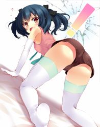 Rule 34 | !, 1girl, all fours, ass, ayame (komone ushio), bad id, bad pixiv id, blue hair, blush, bra, brown eyes, elbow gloves, fang, gloves, hair ribbon, highres, komone ushio, lingerie, long legs, looking back, open mouth, original, ribbon, short twintails, shorts, solo, surprised, thighhighs, twintails, underwear, white bra, white thighhighs