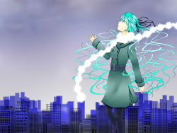 Rule 34 | blue eyes, blue hair, cityscape, cloud, cloudy sky, hatsune miku, jacket, looking up, ribbon, scarf, sky, twintails, vocaloid