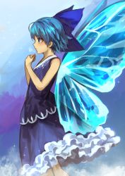 Rule 34 | 1girl, adapted costume, bare shoulders, berabou, blue eyes, blue hair, bow, cirno, closed mouth, dress, frills, from side, hair bow, highres, ice, ice wings, profile, short hair, sleeveless, solo, sparkle, touhou, wings