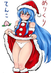 Rule 34 | 1girl, 3:, 3:&lt;, absurdres, annoyed, bare shoulders, blue hair, blush, body blush, boots, bow, bow panties, clothes lift, detached sleeves, dress, dress lift, embarrassed, frown, hat, highres, hinanawi tenshi, king (ougon kingyo-bachi), knee boots, long hair, looking at viewer, merry christmas, panties, red eyes, santa boots, santa costume, santa hat, solo, tears, touhou, underwear, v-shaped eyebrows, very long hair, wavy mouth