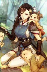 Rule 34 | 2boys, 2girls, absurdres, benizuki (toukiden), breasts, brown hair, earrings, hair ornament, highres, japanese clothes, jewelry, large breasts, long hair, multiple boys, multiple girls, official art, outdoors, plant, red eyes, sitting, thighhighs, toukiden, toukiden 2, tree, white legwear