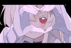 Rule 34 | 1girl, akira (blue archive), blue archive, blush, close-up, gloves, grin, heart, heart hands, letterboxed, long hair, long sleeves, looking at viewer, portrait, rco as, red eyes, smile, solo, white gloves, white hair