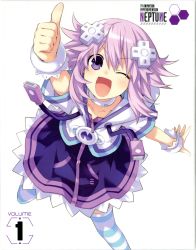 Rule 34 | 10s, 1girl, ;d, absurdres, blue thighhighs, blush, bracelet, collar, copyright name, d-pad, dress, emblem, english text, hair ornament, hexagon, highres, hood, hoodie, jewelry, logo, neptune (neptunia), neptune (series), official art, one eye closed, open mouth, outstretched arms, purple hair, short hair, short sleeves, simple background, smile, solo, striped clothes, striped thighhighs, thighhighs, thumbs up, tsunako, usb, white background, white thighhighs, wink, zipper