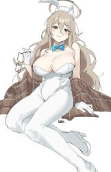 Rule 34 | 1girl, akane (blue archive), akane (bunny) (blue archive), animal ears, artist name, bare shoulders, blue archive, blue bow, blue bowtie, blush, bow, bowtie, breasts, brown hair, cleavage, closed mouth, commentary, detached sleeves, english commentary, unworn eyewear, fikkyun, glasses, halo, high heels, highres, holding, holding removed eyewear, large breasts, legs, leotard, long hair, looking at viewer, pantyhose, playboy bunny, rabbit ears, shawl, simple background, sitting, smile, solo, white background, white footwear, white leotard, white pantyhose