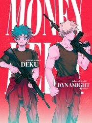 Rule 34 | 2boys, alternate costume, bakugou katsuki, bare arms, black shirt, black tank top, blonde hair, boku no hero academia, character name, clenched hand, closed mouth, collarbone, commentary request, copyright name, earrings, green eyes, green hair, gun, highres, holding, holding gun, holding weapon, jewelry, juizyya, jumpsuit, jumpsuit around waist, looking at another, looking at viewer, male focus, midoriya izuku, money heist, multiple boys, partial commentary, red background, red eyes, red jumpsuit, rifle, scar, scar on arm, shirt, short hair, short sleeves, spiked hair, standing, tank top, thai commentary, twitter username, weapon