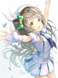 Rule 34 | 10s, 1girl, :d, beret, feather beret, fingerless gloves, foreshortening, gloves, hat, hat feather, long hair, love live!, love live! school idol project, minami kotori, necktie, open mouth, rio.lw, simple background, smile, solo, water, water drop, wonderful rush, yellow eyes