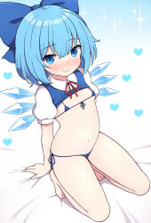 Rule 34 | 1girl, barefoot, bikini, black bikini, blue bikini, blue bow, blue eyes, blue hair, blush, bow, breasts, cameltoe, cirno, cleft of venus, closed mouth, detached wings, full body, hair bow, heart, highres, ice, ice wings, looking at viewer, micro bikini, navel, rizento, seiza, short hair, sitting, small breasts, smile, solo, swimsuit, touhou, wings