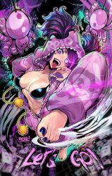 1girl alternate_costume barefoot bikini black_bikini blue_eyes bug feet han_juri highres money nail_polish open_mouth pajamas purple_eyes reiq spider street_fighter street_fighter_6 stuffed_toy swimsuit toenail_polish toenails toes tongue tongue_out