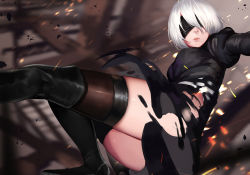 Rule 34 | 1girl, ass, black dress, black footwear, black hairband, black thighhighs, blindfold, boots, breasts, brown thighhighs, covered eyes, dress, hair over one eye, hairband, high heel boots, high heels, highleg, highleg leotard, juliet sleeves, legs together, leotard, light particles, lips, long sleeves, looking at viewer, medium breasts, midair, mole, mole under mouth, nier:automata, nier (series), nose, parted lips, pink lips, puffy sleeves, ribbed dress, short hair, silver hair, solo, thighhighs, thighs, thong, thong leotard, weapon, white leotard, xiaoshou xiansheng, 2b (nier:automata)