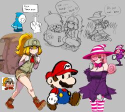 Rule 34 | 2boys, 2girls, absurdres, ascot, awesomeerix, backpack, bag, bandit (mario), bare shoulders, blonde hair, blue overalls, blush, blush stickers, boots, bow, bowtie, breasts, brown shorts, cleavage, colored skin, curly hair, dress, english text, facial hair, fang, full body, gloves, goombella, hair over eyes, hair over one eye, hard hat, hat, helmet, highres, humanization, large breasts, long hair, long sleeves, looking at viewer, mario, mario (series), middle finger, multiple boys, multiple girls, multiple views, mustache, nintendo, open mouth, overalls, paper mario, paper mario: the thousand year door, pink hair, pink headwear, pink thighhighs, ponytail, purple dress, purple skin, red headwear, shirt, short shorts, shorts, sidelocks, sketch, sleeveless, sleeveless shirt, small breasts, smile, speech bubble, striped clothes, striped headwear, striped thighhighs, thick eyebrows, thighhighs, vivian (paper mario), white gloves, witch hat, yellow eyes, yellow lips