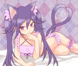 Rule 34 | 1girl, ahoge, alternate hair length, alternate hairstyle, animal ears, bare arms, bare shoulders, black ribbon, bra, breasts, cat ears, cat girl, cat tail, danganronpa (series), danganronpa v3: killing harmony, frilled bra, frilled panties, frills, hair ornament, hand on own chin, hand up, iberico, lingerie, long hair, lying, medium breasts, multiple tails, on side, oma kokichi, panties, pink eyes, plaid, plaid background, ribbon, saihara shuichi, smile, solo, tail, twintails, underwear
