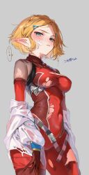 Rule 34 | 1girl, blonde hair, blue eyes, blush, bodysuit, breasts, closed mouth, commentary request, covered navel, gloves, grey background, hair ornament, hairclip, highres, looking at viewer, medium breasts, nintendo, pointy ears, princess zelda, red bodysuit, red gloves, short hair, shuri (84k), simple background, solo, standing, tears, the legend of zelda, the legend of zelda: tears of the kingdom, thought bubble, torn bodysuit, torn clothes, translation request, twitter username, yiga clan footsoldier