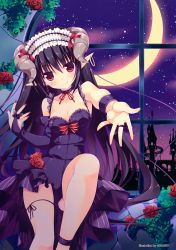 Rule 34 | 1girl, absurdres, black hair, breasts, bridal gauntlets, bug, butterfly, cleavage, crescent moon, demon horns, dress, flower, gloves, hairband, highres, horns, bug, jewelry, lolita hairband, moon, nail polish, nanaroba hana, night, night sky, outstretched arm, outstretched hand, pinstripe pattern, pointy ears, purple dress, purple gloves, red eyes, ring, rose, silhouette, single glove, sky, small breasts, solo, spaghetti strap, star (sky), starry sky, window
