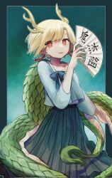 Rule 34 | 1girl, antlers, blonde hair, blue shirt, dragon girl, dragon tail, hair between eyes, hand fan, hand fan writing, highres, holding, holding fan, horns, kicchou yachie, looking at viewer, open mouth, red eyes, shirt, short hair, skirt, slit pupils, solo, standing, tail, touhou, yellow horns, yuejinlin