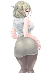 Rule 34 | 1girl, ass, breasts, glasses, green eyes, highres, kantai collection, katori (kancolle), large breasts, light brown hair, looking at viewer, looking back, pantyhose, pencil skirt, shirt, simple background, skirt, sleeveless, solo, takomeshi, white shirt