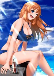 Rule 34 | 1girl, absurdres, bikini, blue bikini, blue eyes, blue sky, bottle, breasts, brown hair, charlotte e. yeager, cloud, coca-cola, cola, commentary request, day, feet out of frame, highres, hiroshi (hunter-of-kct), horizon, large breasts, long hair, ocean, open mouth, outdoors, sitting, sky, smile, solo, strike witches, swimsuit, teeth, upper teeth only, world witches series