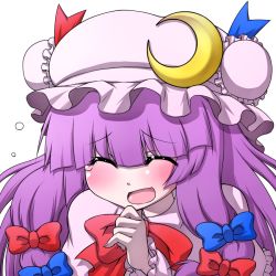 Rule 34 | 1girl, ^ ^, blush, bow, closed eyes, crescent, hair bow, hanya (hanya yashiki), hat, laughing, long hair, open mouth, patchouli knowledge, purple hair, simple background, solo, touhou, upper body, white background