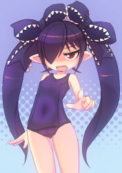 Rule 34 | 1girl, backbeako (torotei), backbeard, birthday, black hair, black ribbon, blue one-piece swimsuit, blush, breasts, commentary request, d:, gegege no kitarou, hair over one eye, hair ribbon, half-closed eye, light frown, long hair, looking at viewer, one-piece swimsuit, open mouth, original, pointing, pointing at viewer, pointy ears, red eyes, ribbon, ringed eyes, small breasts, solo, sweatdrop, swimsuit, torotei, twintails, v-shaped eyebrows, very long hair