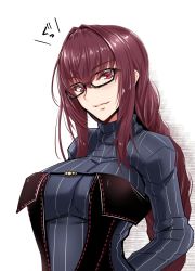 Rule 34 | akitsuki karasu, alternate hairstyle, arms behind back, black-framed eyewear, black dress, braid, breasts, commentary request, cosplay, dress, fate/grand order, fate (series), glasses, highres, large breasts, long hair, long sleeves, looking at viewer, pinstripe pattern, purple hair, red eyes, scathach (fate), simple background, smile, striped, very long hair, white background, yu mei-ren (fate), yu mei-ren (fate) (cosplay), yu mei-ren (first ascension) (fate)