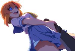 1girl between_breasts blue_eyes blue_skirt breasts crazy_eyes crazy_smile crazy_straw drinking_straw female_focus highres higurashi_no_naku_koro_ni machete medium_breasts miniskirt necktie necktie_between_breasts open_mouth orange_hair pleated_skirt ryuuguu_rena school_uniform serafuku shirt short_hair short_sleeves simple_background skirt smile solo solo_focus teeth thighs tongue weapon white_serafuku white_shirt yellow_necktie