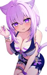 Rule 34 | 1girl, absurdres, ahoge, animal ear fluff, animal ears, bare shoulders, bikini, blue shorts, blush, bracelet, breasts, cat ears, cat girl, cat tail, cleavage, crossed bangs, double-parted bangs, from above, front-tie bikini top, front-tie top, hair between eyes, highleg, highleg bikini, highres, hololive, hololive summer 2023 swimsuit, jewelry, large breasts, layered bikini, looking at viewer, messy hair, nekomata okayu, official alternate costume, open mouth, purple bikini, purple eyes, ribbon, short hair, shorts, simple background, smile, solo, striped bikini, striped clothes, swimsuit, tail, tarakore sauce, thigh strap, untying, virtual youtuber, white background, wrist ribbon