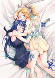Rule 34 | 10s, 2girls, :&lt;, animal ears, ankle lace-up, arm ribbon, ayase eli, bare shoulders, barefoot, bed sheet, blonde hair, blue bow, blue eyes, blue ribbon, blush, bow, cat ears, cat tail, cross-laced footwear, closed eyes, fang, from above, hair bow, highres, kemonomimi mode, bridal garter, lilylion26, long hair, love live!, love live! school idol project, multiple girls, on bed, one eye closed, open mouth, ponytail, ribbon, scratches, scratching, sleeveless, sonoda umi, tail, tail bow, tail ornament