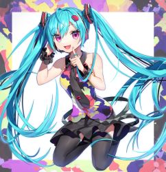 Rule 34 | 1girl, :d, ahoge, bare shoulders, black skirt, black thighhighs, blue hair, blue nails, collared shirt, commentary, dated, full body, gunjou row, hair between eyes, hair ornament, hands up, hatsune miku, headphones, headset, long hair, looking at viewer, nail polish, open mouth, pleated skirt, purple eyes, shirt, skirt, sleeveless, sleeveless shirt, smile, solo, tell your world (vocaloid), thighhighs, twintails, twitter username, very long hair, vocaloid, white background, wrist cuffs