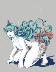 Rule 34 | 1girl, claws, curly hair, fangs, flat chest, furry, furry female, green eyes, green hair, grey background, highres, horns, komainu, komano aunn, long hair, nude, open mouth, orange hair, pale skin, pointy ears, shiratamago (unevenness), simple background, single horn, slit pupils, solo, touhou, twitter username, very long hair