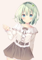 Rule 34 | 1girl, absurdres, bad id, bad pixiv id, black hairband, blue eyes, brown background, brown skirt, closed mouth, clover hair ornament, collarbone, fingernails, four-leaf clover hair ornament, green hair, hair between eyes, hair ornament, hairband, hand up, highres, long sleeves, original, pleated skirt, shirt, simple background, skirt, smile, solo, tsuruse, white shirt