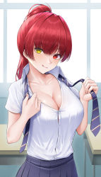 Rule 34 | 1girl, :q, absurdres, alternate costume, blouse, breasts, button gap, classroom, cleavage, collarbone, desk, hair between eyes, heterochromia, highres, hololive, houshou marine, laimer, large breasts, licking lips, long hair, looking at viewer, necktie, pleated skirt, ponytail, red eyes, red hair, school desk, school uniform, shirt, shirt tucked in, skirt, solo, striped necktie, tongue, tongue out, undone necktie, upper body, virtual youtuber, white shirt, window, yellow eyes