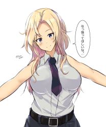 Rule 34 | 1girl, belt, black belt, black necktie, blonde hair, breasts, commentary request, grey eyes, highres, hornet (kancolle), kantai collection, large breasts, long hair, looking at viewer, minoa 11touhei, necktie, one-hour drawing challenge, outstretched arms, shirt, simple background, sleeveless, sleeveless shirt, solo, translation request, white background, white shirt