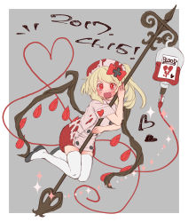 Rule 34 | 1girl, :d, alternate costume, between legs, black footwear, blonde hair, blood, blood bag, blood on clothes, blush, bow, dress, fangs, flandre scarlet, full body, hair bow, hat, heart, heart of string, highres, laevatein, long hair, masanaga (tsukasa), nurse, nurse cap, open mouth, red bow, red eyes, shoes, short sleeves, side ponytail, smile, solo, sparkle, thighhighs, touhou, white thighhighs, zettai ryouiki