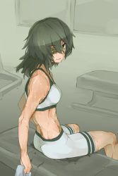 Rule 34 | 1girl, black hair, eyepatch, female focus, from behind, gym, kantai collection, kiso (kancolle), looking back, muscular, muscular female, sitting, solo, sports bra, sweat, toned, towel, yamaioni (sasakama)
