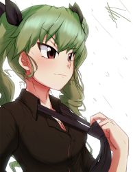 Rule 34 | &gt;:), 10s, 1girl, adjusting clothes, adjusting necktie, anchovy (girls und panzer), black necktie, black ribbon, black shirt, breasts, cleavage, closed mouth, collared shirt, girls und panzer, green hair, hair ribbon, long hair, looking afar, medium breasts, necktie, no bra, preesoul, red eyes, ribbon, serious, shirt, signature, simple background, solo, twintails, upper body, v-shaped eyebrows, white background, wing collar
